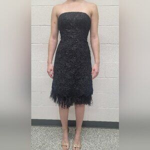 Carmen Marc Valvo Vintage Strapless Black Lace Detachable Feather Dress Size 2